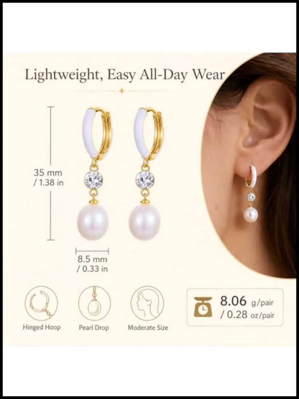 14K Gold Plated Pearl Dangle Earrings for Women, Hypoallergenic Sterling Silver